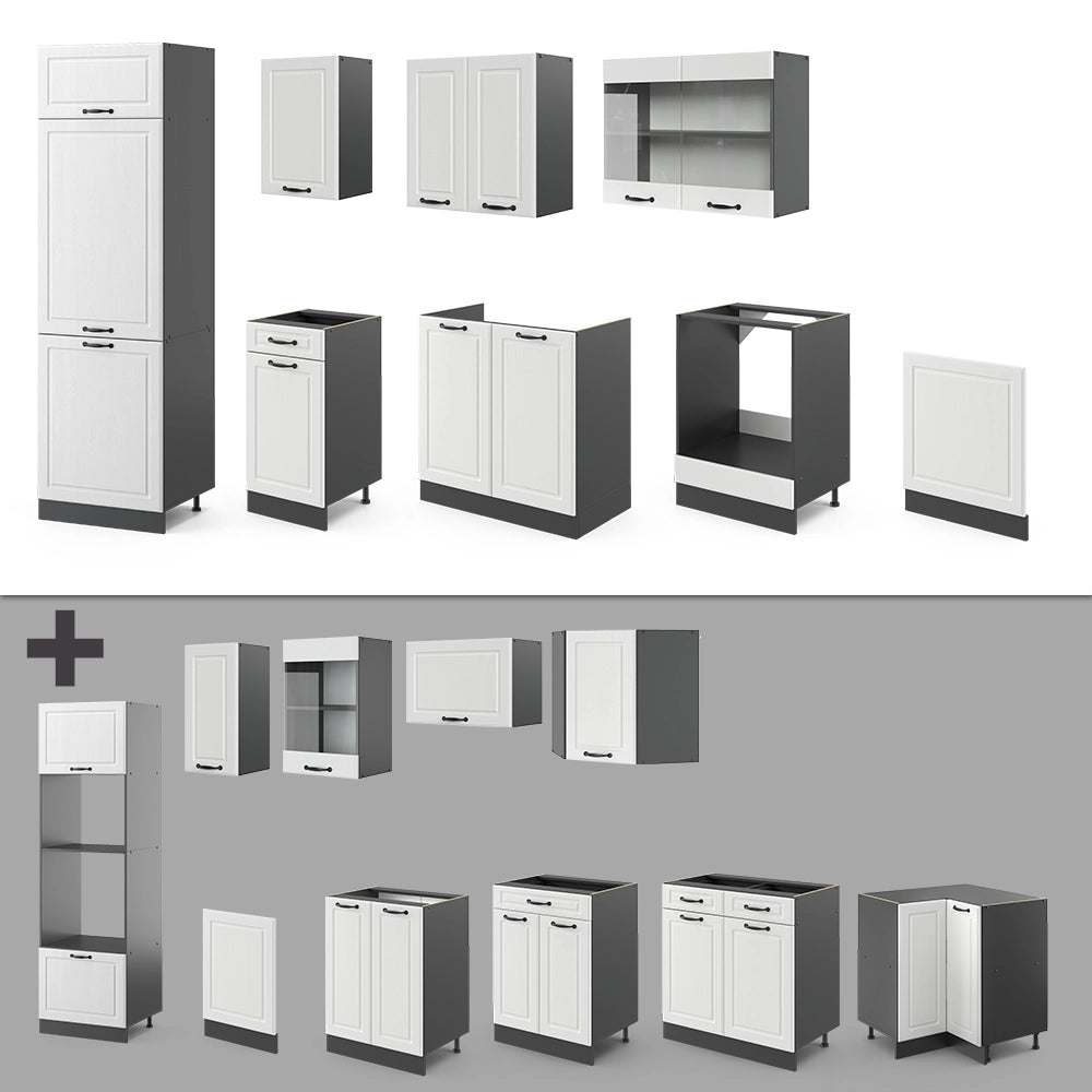 Cucina componibile R-Line Bianco rustico/Antracite 300 cm senza piano di lavoro Vicco