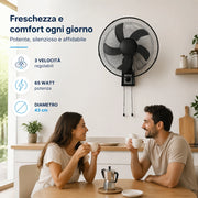 Ventilatore da Muro 43 cm Silenzioso 3 Velocità 65Watt a Parete Nero