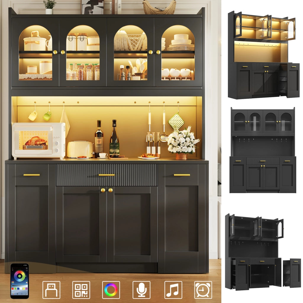 Credenza alta da cucina con LED RGB e app, 3 vetrine, cassetti e ripiani estraibili, nero, 120 × 40 × 187 cm