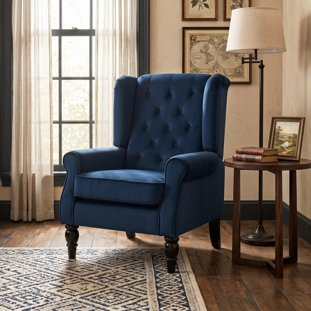 Poltrona capitonn¨¦ con schienale alto e braccioli ¨C Xylo ¨C tessuto blu scuro 74x86x102cm