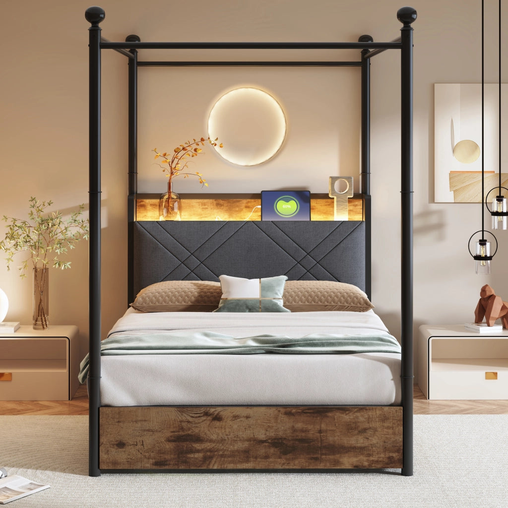 DESMIU Letto singolo 90 × 190 cm 1 posto con LED, USB, Type-C e 2 cassetti, senza materasso, nero