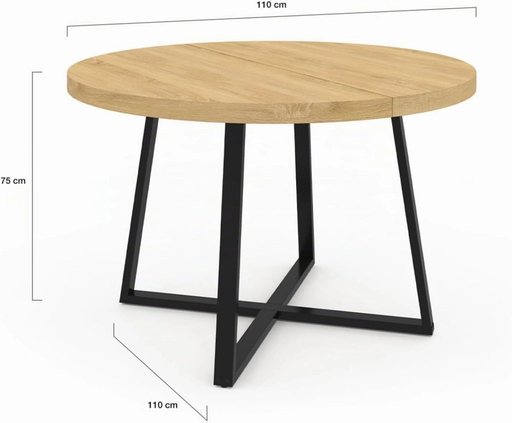 SELMA mesa de comedor redonda para 4-6 en madera y negro diseño industrial 110 cm