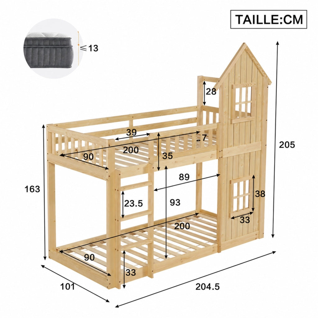 DESMIU Lit superposé per bambini 90 × 200 cm 2 posti con casetta, finestra, scala a 3 gradini, senza materasso, legno naturale