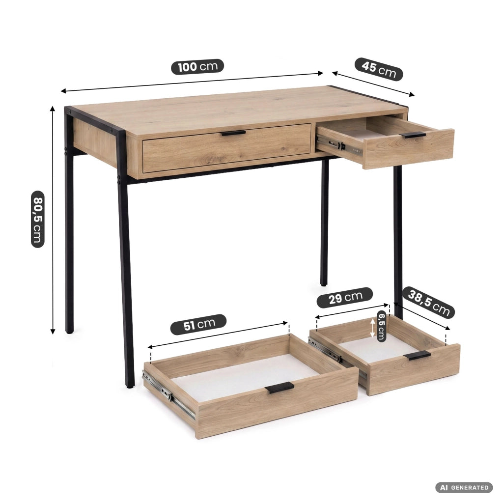 Scrivania industriale per computer Rovere Artisan ZENTIA 100 cm 2 cassetti gambe nere