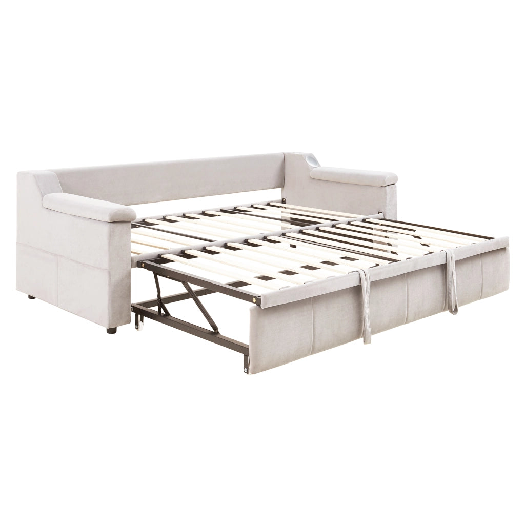 Divano letto imbottito 90/180x190 cm con Bluetooth; USB; contenitori; beige