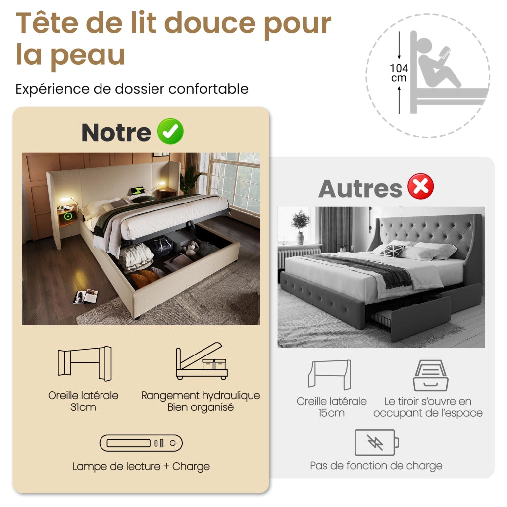 Letto Contenitore Matrimoniale 180x200 cm; USB e Type-C; Lampada da Lettura - Beige
