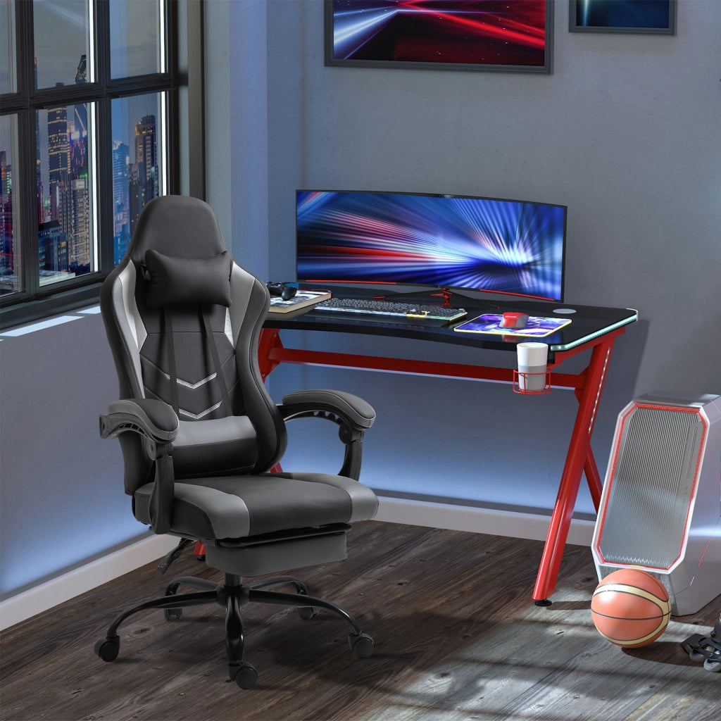 Sedia da gaming ergonomica con schienale reclinabile e poggiapiedi, cuscino cervicale e lombare, schiuma nera