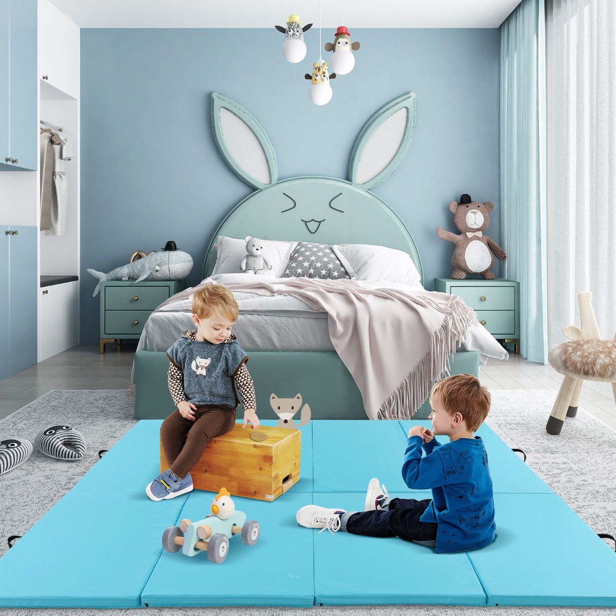 Tappetino per ginnastica pieghevole a 4 pannelli con maniglie chiusure a strappo, Tappetino in ecopelle 300x117cm Azzurro-Tappetini ginnastica e yoga