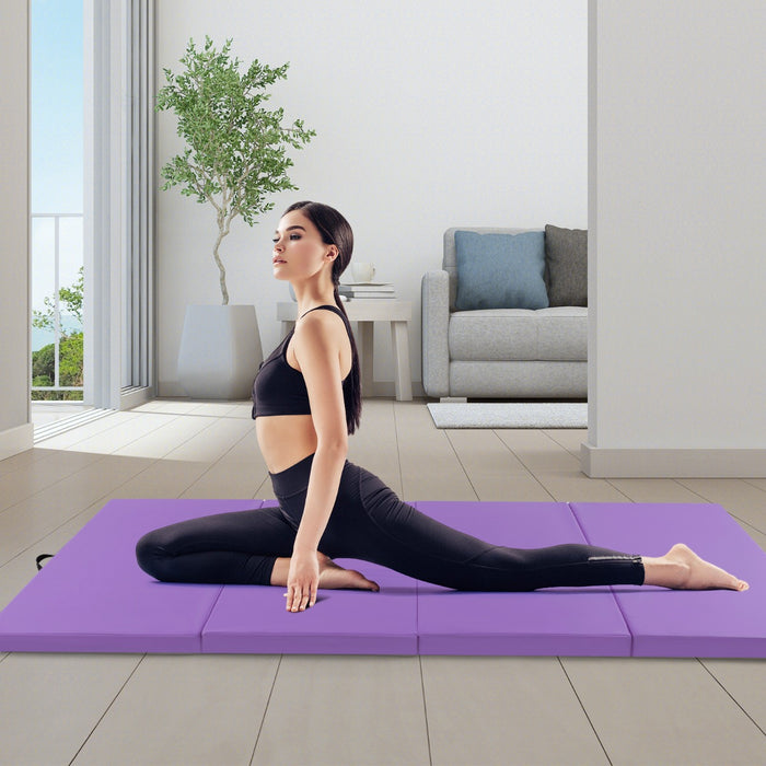 Tappetino per ginnastica pieghevole a 4 pannelli con maniglie chiusure a strappo, Tappetino in ecopelle 300x117cm Viola-Tappetini ginnastica e yoga
