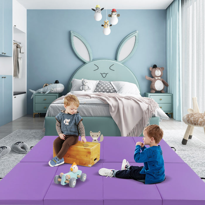 Tappetino per ginnastica pieghevole a 4 pannelli con maniglie chiusure a strappo, Tappetino in ecopelle 300x117cm Viola-Tappetini ginnastica e yoga