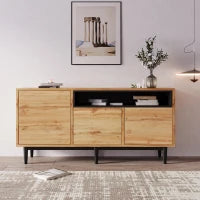 Credenza Moderna in Legno con Tre Ante e Ripiani, Design Salvaspazio, 160x35x76 cm, color Legno Naturale