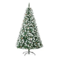 Albero di Natale Artificiale Innevato 180cm con 800 Rami e Pigne, Apertura Automatica e Base Pieghevole, Verde