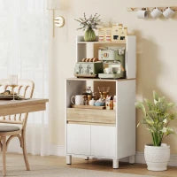 Mobiletto per Microonde in Legno con Mensola, Ripiano Aperto, Cassetto e Armadietto, 60x40x131 cm, Bianco