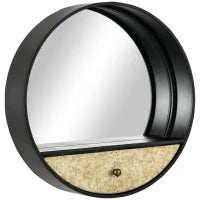 Specchio da Parete Rotondo da Ø61cm con Cassetto e Cornice in Metallo Nero