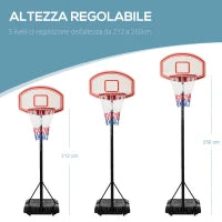 Canestro Basket Altezza Regolabile 5 Livelli 175-215cm, Struttura Metallo e Base Riempibile con Ruote, Tabellone PE