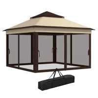 Gazebo 3x3 Regolabile su 3 Livelli con Pareti Rimovibili, in Acciaio e tessuto Oxford, color Caffè e Beige
