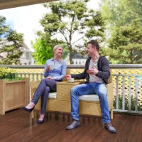 Panca da Giardino con Tavolino a Ribalta Portaoggetti, in Rattan e Acciaio, 134x58x82 cm, Crema e Cachi