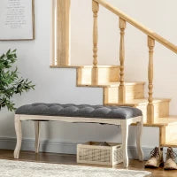 Panca Imbottita in Stile Classico, 110 cm, con Base in Legno di Caucciù Intagliato, Rivestimento in Lino, Grigio