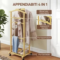 Servomuto 4 in 1 a Rotelle con 2 Aste, Vassoio Svuota Tasche e Ripiano per Scarpe, in Bambù, 47x33.7x105.5 cm