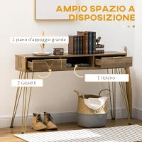 Tavolo Consolle in Truciolato e Acciaio per Ingresso e Soggiorno con Ripiano Aperto e 2 Cassetti, 120x29x79 cm