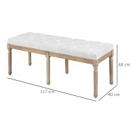 Panca Fondoletto Imbottita Stile Vintage in Tessuto e Gambe in Legno, 117x40x48 cm, Crema