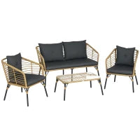 Set da Giardino 4 Pezzi in Rattan PE e Acciaio con 2 Sedie, Divano 2 Posti e Tavolino, Marrone Nero e Grigio
