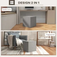 Poggiapiedi Quadrato 2 in 1 con Rivestimento Rimovibile in Tessuto Effetto Lino, 41x41x41 cm, Grigio Chiaro