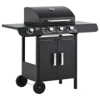 Barbecue a Gas con Coperchio, 4 Bruciatori da 11.6kW, Fornello, Mensola e 2 Ruote, 110x50x100cm Nero