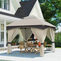 Gazebo da Giardino 3x3m in Acciaio con Doppio Tettuccio e Tende, Beige e Grigio