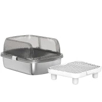 Lettiera per Gatti Coperta con Piatto in Acciaio Inox Bordi Alti Pala Pedana e Zona per la Caduta della Sabbia Grigio