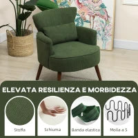 Poltrona Moderna Imbottita in Velluto con Cuscino Lombare, Schienale e Gambe in Legno, Verde