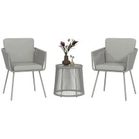 Set da Esterno con Tavolino in Vetro e 2 Sedie da Giardino in Rattan Stile Boho, Grigio Chiaro