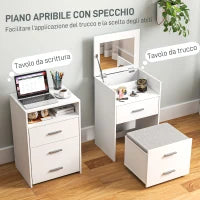 Tavolo da Trucco in Legno con Specchio Ribaltabile, 2 Cassetti e Sgabello, 50x40x113.5 cm, Bianco