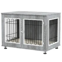 Gabbia per Cani con Vassoio Rimovibile, in Acciaio Effetto Legno, 90 x 58 x 65 cm, Grigio