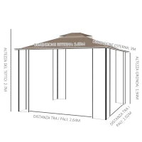 Gazebo da Giardino con Zanzariera, Doppio Tetto e Struttura Metallo, 3.7x3m Marrone e Beige