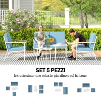 Set da Esterno con Divano 2 Posti, 2 Poltrone e 2 Tavolini da Caffè in Vetro, Azzurro