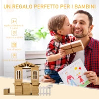 Casetta per Bambini in Legno con Finestre, Staccionata e Panca, 205x119x140 cm, Legno Naturale