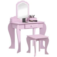 Set Toeletta per Bambina con Specchio Trucco e Sgabello Abbinato in Legno, Cassetto e Contenitori, Rosa