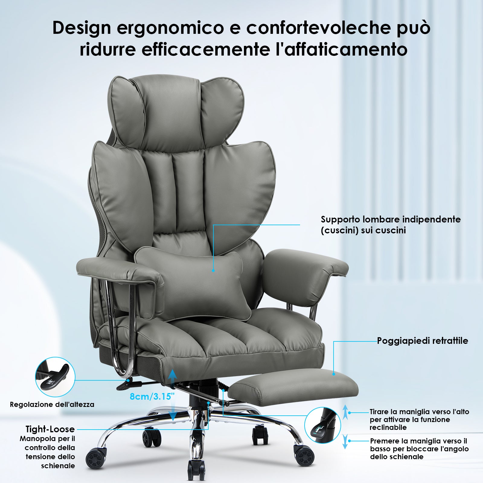 Sedia da Ufficio - RATTANTREE - Poltrona presidenziale - Sedia Girevole con Schienale Alto in Pelle, con Poggiatesta, Bracciolo e Poggiapiedi Retrattile - Grigio