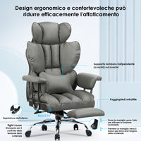 Sedia da Ufficio - RATTANTREE - Poltrona presidenziale - Sedia Girevole con Schienale Alto in Pelle, con Poggiatesta, Bracciolo e Poggiapiedi Retrattile - Grigio