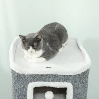 Torre per Gatti con 3 Casette, 3 Palline e Posatoio, in Legno, Tessuto e Peluche, 41x41x100 cm, Grigio e Bianco