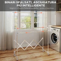 Stendibiancheria Pieghevole con 3 Barre Regolabili, Ruote Girevoli e Struttura in Acciaio Inox, Argento