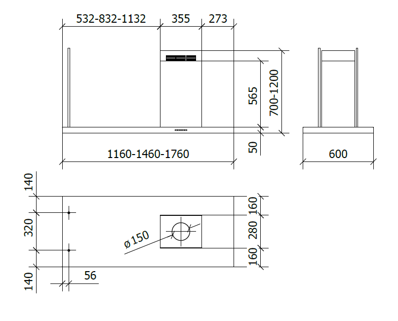 CAPPA ELEA ISOLA cm 116x60 camino destro - Nera - 800 m3/h