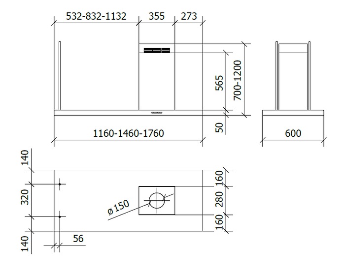CAPPA ELEA ISOLA cm 116x60 camino destro - Nera - 800 m3/h