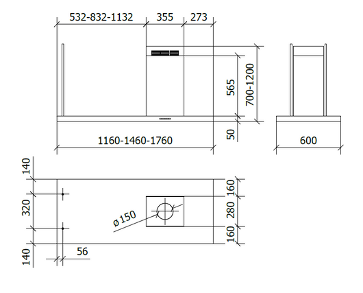 CAPPA ELEA ISOLA cm 146x60 camino sinistra - Inox - 800 m3/h