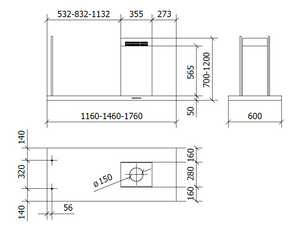 CAPPA ELEA ISOLA cm146x60 camino Destra - Nera - 800 m3/h