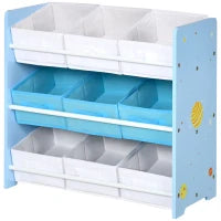 Mobiletto Portagiochi con 9 Cestini Rimovibili in MDF e Tessuto, 63x30x60cm, Azzurro