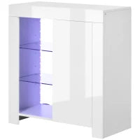 Mobiletto da Salotto Bianco in Truciolato e Metallo con Luci LED Blu, 3 Ripiani Aperti e Armadietto, 75x35x82 cm