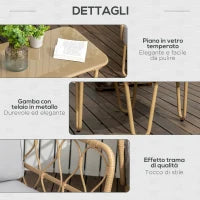 Salotto da Giardino in Rattan Stile Boho con Divano 2 Posti, 2 Poltrone e Tavolino con Vetro
