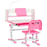 Banco Scuola per Bambini 6-12 Anni Regolabile con Luce LED, Leggio e Portapenne, in MDF, PP e Acciaio, Rosa